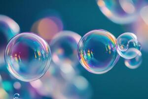 Colorful soap bubbles floating gracefully against a soft gradient background in a serene setting photo