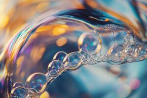 Colorful soap bubbles floating in a gentle stream of water during a sunny day in springtime photo