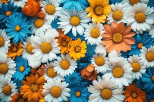 Colorful floral arrangement featuring daisies, blue flowers, and vibrant blooms in a garden setting photo