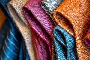 Colorful assortment of woven fabrics displayed on a rack at a textile shop in early autumn photo