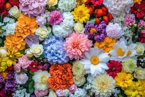 A vibrant arrangement of colorful flowers in various sizes and shapes during springtime photo