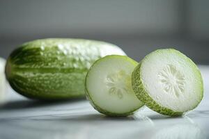 Fresh green cucumber sliced on marble countertop with whole cucumber in the background, showcasing vibrant color and texture photo