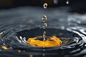 Water droplets create ripples in vibrant yellow liquid against a dark background photo
