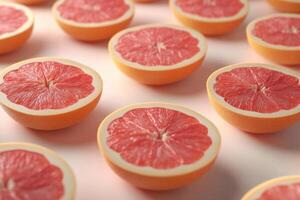 Sliced grapefruits display their vibrant colors on a light background photo