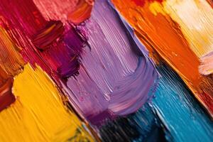 Colorful palette of oil paint strokes on canvas revealing vibrant hues and textures in an artist's studio setting during afternoon light photo