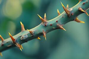 Sharp thorns on a green branch captured in close-up during daylight in a garden setting photo
