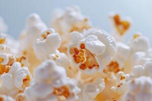 Freshly popped popcorn in close-up showcasing its fluffy texture and golden kernels photo