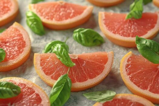 Fresh grapefruit slices garnished with vibrant basil leaves on a light background photo