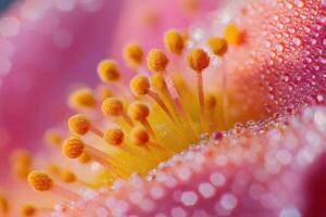 Close-up of water droplets on a vibrant pink flower revealing intricate stamen details in nature photo