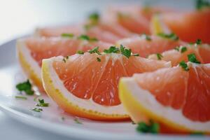 Freshly sliced pink grapefruit garnished with herbs on a white plate ready for serving photo