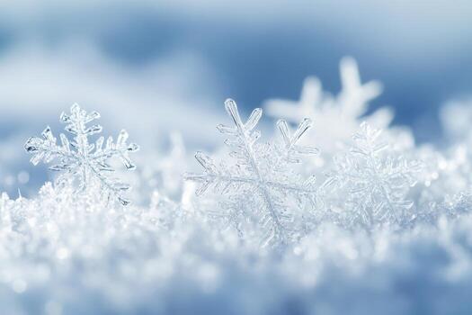 Beautiful close-up of delicate snowflakes resting on a shimmering layer of snow in winter photo