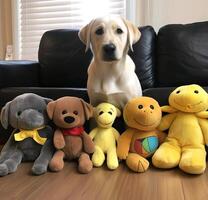 A dog sitting on the floor with a bunch of stuffed animals photo