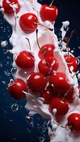 Cherries are being splashed with milk photo