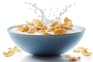 Flakes with splashes of milk on a white background. Cornflakes in a bowl. photo