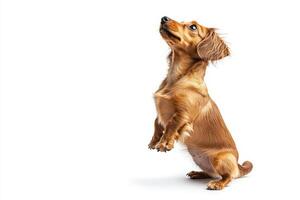 A photo of a dachshund highlighted on a white background. The dachshund is a beggar. A sausage dog.