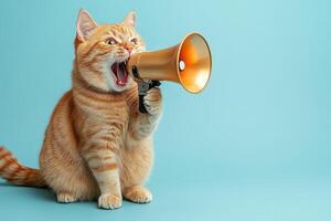 A photo of a cheerful red cat holding a yellow megaphone and shouting something on a blue background.