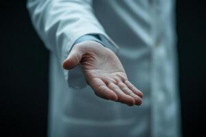 Close up of doctor holding something in his hand. A photo of a doctor in a white coat with his hand outstretched.