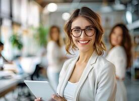 A smiling businesswoman with a tablet computer in her hands standing in the office against the background of working colleagues. photo