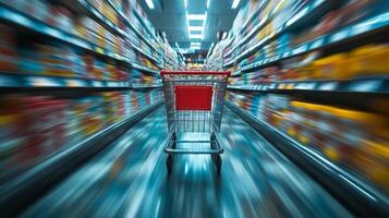 An empty shopping cart in a supermarket on a blurred background of shelves. photo