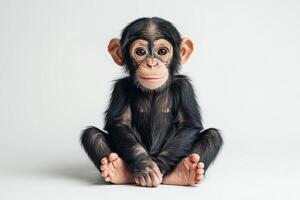 A photo of a young chimpanzee. The monkey is sitting on the floor and looking at the camera on an isolated white background.
