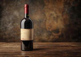 A photo of a bottle of red wine with an empty label on a wooden table on a dark brown background, with a dedicated space for text.