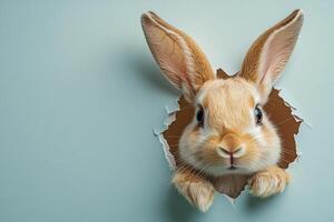 A cute beige rabbit peeking out of a hole on a white paper banner. The concept of celebrating Easter. photo