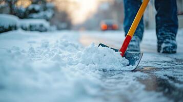 Close-up of a snow shovel. A man shovels snow from the sidewalk in a winter city. A man uses a shovel. photo