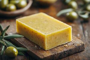 Soap on a wooden background with an olive branch, close-up. Natural handmade soap with olive oil. The concept of healthy skin care. photo