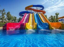 A water park with colorful water slides and a swimming pool. The concept of a summer vacation at a beach resort. photo