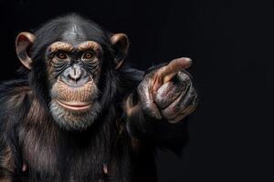 A photo of a smiling chimpanzee pointing with his finger on a black background. The monkey points his finger at the free space.