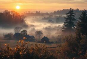 Sunrise over foggy rural village with tree silhouettes and rustic cottage photo