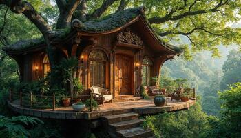 Rustic treehouse surrounded by lush greenery in serene forest setting photo