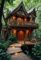 A charming two-story treehouse with a wooden balcony, nestled in a vibrant forest. The structure is adorned with greenery, offering a serene retreat in nature. photo