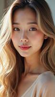 Close-up of a young korean woman with light brown hair and natural makeup, smiling softly. photo