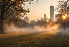 A peaceful misty morning in a city park, with the silhouette of a towering skyscraper in the background photo