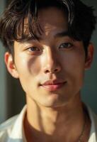 Close-up portrait of a young korean man with dark wavy hair, glowing in natural light. He gazes directly at the camera, displaying calm confidence and clear skin. photo