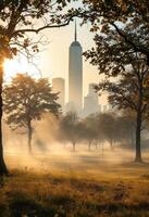 Misty Morning in a City Park with Skyscraper Skyline photo