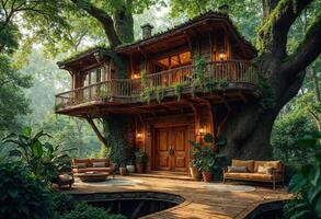 Two-story wooden treehouse with balcony in lush forest photo