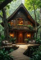A beautifully crafted wooden treehouse nestled in a forest, blending with nature. It features detailed wood carvings, a cozy deck, and lush green surroundings, evoking tranquility. photo