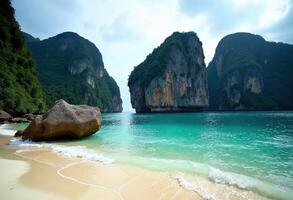 Scenic Tropical Beach with Limestone Mountains and Calm Waters photo