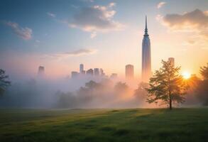 Misty Morning in a City Park with Skyscraper Skyline photo
