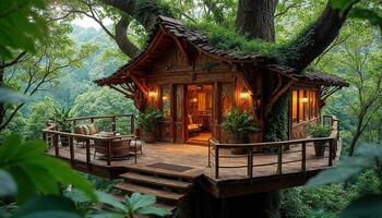 Rustic treehouse surrounded by lush greenery in serene forest setting photo