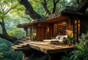 Wooden treehouse with balcony in lush forest photo
