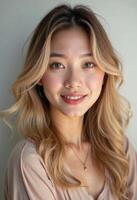 Natural portrait of young korean woman model with soft smile photo