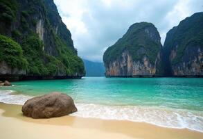 Scenic Tropical Beach with Limestone Mountains and Calm Waters photo