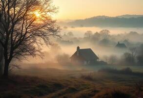 Sunrise over foggy rural village with tree silhouettes and rustic cottage photo