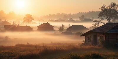 Early morning sun rises over a mist-covered photo