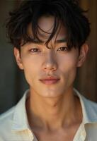 Close-up shot of a young korean man with dark hair, direct gaze, and natural lighting emphasizing his facial features. photo