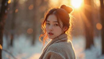 Young Korean Woman in Winter Forest at Sunset photo