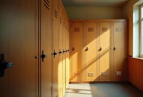 Row of orange school lockers in hallway with sunlight casting shadows photo